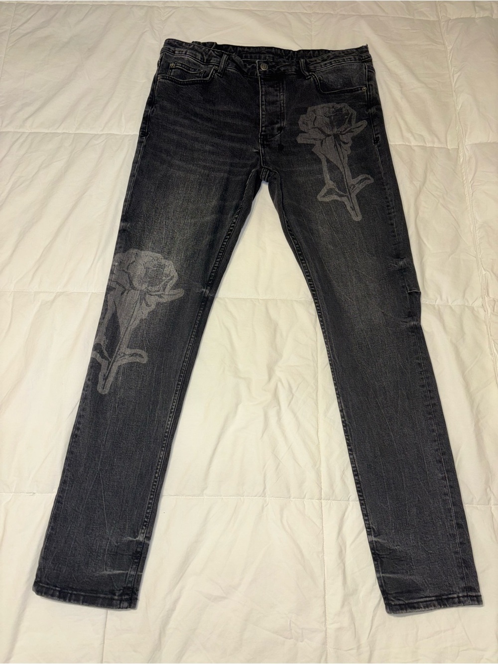 Ksubi Black Skinny Jeans with Gray Rose Prints